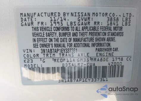 2014 Nissan Sentra Sr z USA, uszkodzony, nr VIN 3N1AB7AP1EY337361